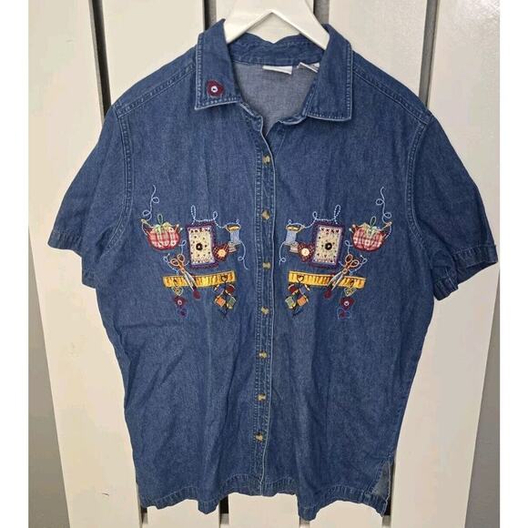 Bobbie Brooks Embroidered Button Up Denim Shirt 14/16W Crafter Teacher - Picture 1 of 7